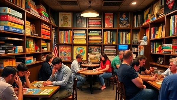 A cozy cafe lounge adorned with vintage board game shelves, colorful game pieces, and patrons engaged in friendly game competitions, surrounded by nostalgic decor and retro gaming memorabilia, evoking a warm and inviting atmosphere for gamers of all ages.
