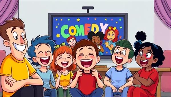 A playful and colorful cartoon illustration of a diverse group of animated characters laughing hysterically while watching a comedy special on a virtual screen, capturing the essence of a fun and entertaining experience.