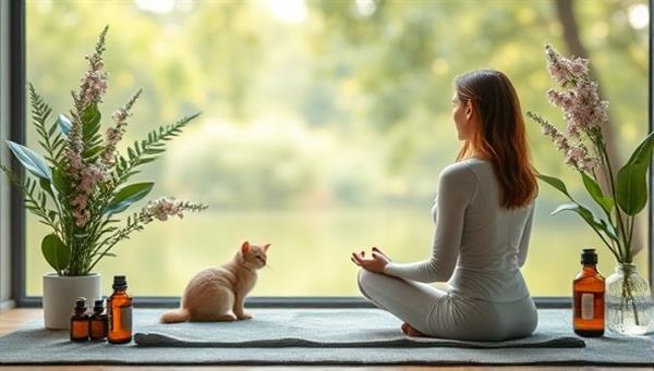 A serene virtual coaching session with a wellness coach guiding a client through a meditation exercise, surrounded by calming nature visuals and essential oils, evoking a sense of relaxation and inner peace.