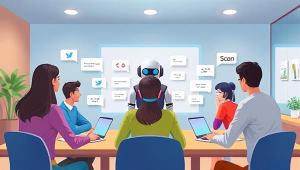 An illustration of a virtual classroom setting with an AI tutor interacting with diverse students, each practicing a different language, showcasing the interactive and educational aspects of LingoAI.