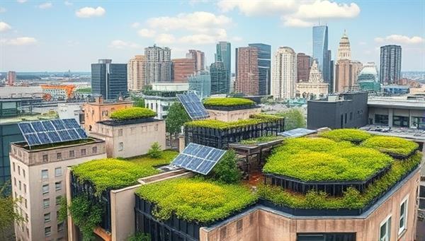 An urban skyline featuring buildings with lush green roofs, solar panels, and rainwater collection systems, creating a sustainable and environmentally friendly cityscape, illustrating the aesthetic and ecological benefits of green roof installations.