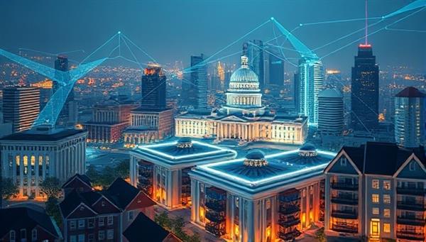 A futuristic digital cityscape with data streams flowing between government buildings and citizen homes, visualizing the interconnectedness of data analytics in improving governance and community engagement.