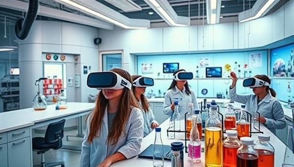 An immersive VR science lab environment with students wearing VR headsets, conducting experiments, and observing virtual reactions, surrounded by futuristic lab equipment and interactive elements, creating a cutting-edge educational experience.