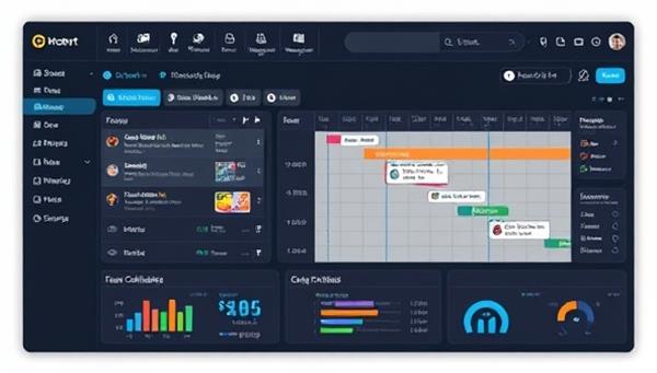 An illustration showing a digital construction project dashboard with interactive Gantt charts, team collaboration features, and real-time progress tracking, highlighting the software