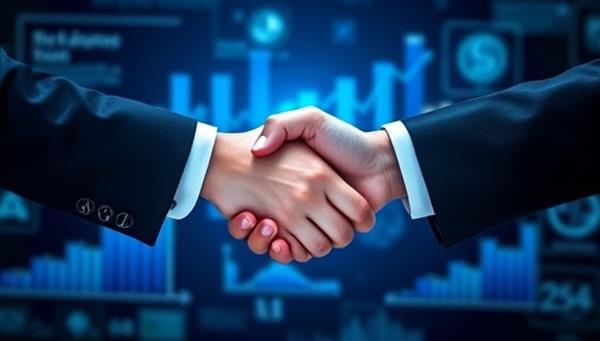 An engaging visual depicting a virtual handshake between a small business owner and an investor on a digital platform, symbolizing trust, collaboration, and mutual benefit in peer-to-peer lending, with financial charts and icons in the background showcasing growth and opportunity.