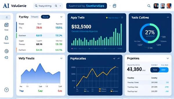 An interactive dashboard mockup displaying property valuation results with AI-powered algorithms, charts, and property details, illustrating the advanced technology and accuracy of ValuGenie AI in property valuation.