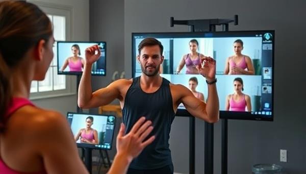 An energetic fitness coach leading a virtual workout session with clients visible on screens, showcasing a dynamic and interactive online fitness experience.