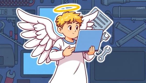 An illustration of a guardian angel holding a laptop and a wrench, symbolizing protection and technical assistance, with a background of digital devices and tech tools, showcasing the reliable support offered by TechGuardians.