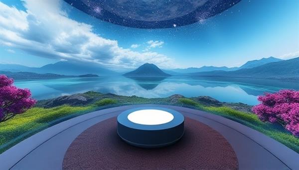 A captivating virtual reality environment with serene landscapes, calming sounds, and interactive wellness activities, showcasing the immersive wellness experiences offered by SerenitySphere VR for mind and body relaxation.