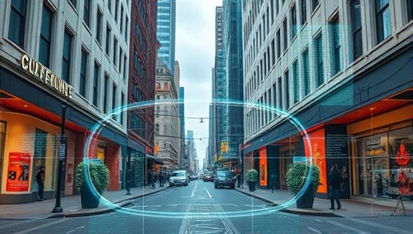 An AR-enhanced view of a city street where digital overlays highlight local businesses, promotions, and hidden gems, creating a futuristic and interactive urban exploration experience that bridges the physical and digital worlds.