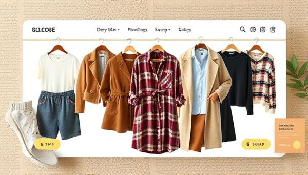 An online platform interface displaying a variety of stylish clothing items available for swapping, surrounded by eco-friendly branding elements and earthy tones, embodying a trendy and sustainable fashion concept.