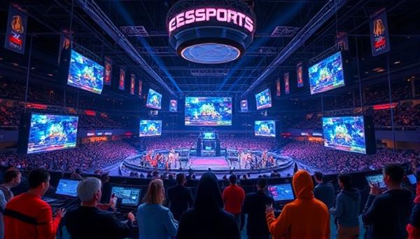 An eSports arena visualization with digital screens displaying live gaming competitions, surrounded by enthusiastic fans and players placing bets on their favorite teams, creating a dynamic and immersive atmosphere that captures the essence of the eSports betting exchange platform.
