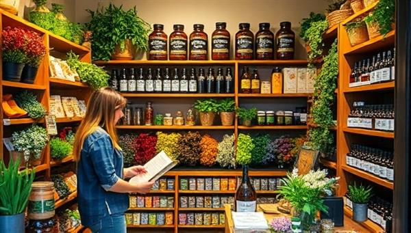 An inviting storefront with shelves of colorful herbs, glass jars of essential oils, and natural wellness products, with a knowledgeable herbalist assisting a customer in selecting herbal remedies, embodying a sense of natural healing and well-being.
