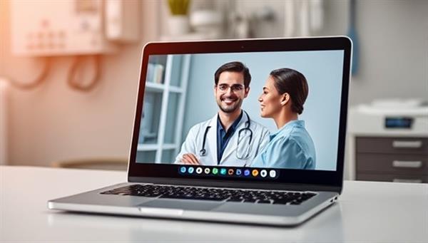 A laptop displaying a video call between a doctor and a patient, with medical equipment in the background, conveying the concept of virtual healthcare consultations.