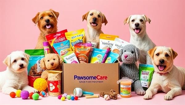 An assortment of colorful pet toys, treats, and grooming products arranged in a vibrant and playful display, surrounded by happy pets enjoying the contents of a PawsomeCare Box, highlighting the joy and care provided to furry companions through the subscription service.