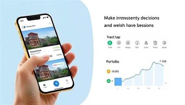 An engaging mobile interface showing users browsing through high-end property listings, making investment decisions with a simple tap, and tracking their portfolio performance in real-time, symbolizing accessibility and wealth creation.