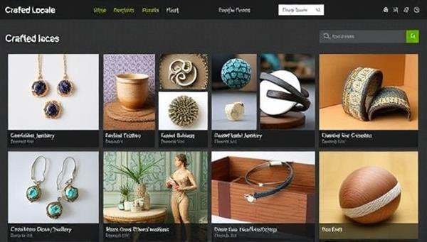 An online marketplace display featuring a variety of artisanal products, including handcrafted jewelry, ceramics, textiles, and woodworking creations, showcasing the diverse and unique offerings available on the Crafted Locale platform.