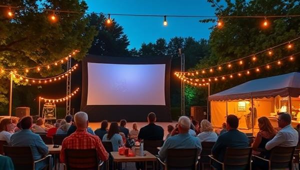 An outdoor setting with a large movie screen, twinkling lights, cozy seating arrangements, and people enjoying a movie under the stars with interactive elements like themed decorations and food stalls.