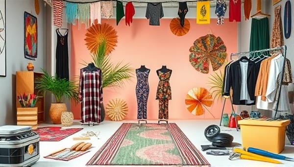 A vibrant online marketplace featuring a variety of upcycled fashion items, displayed on a virtual fashion runway, surrounded by eco-friendly materials and sewing tools, embodying the creativity and sustainability of the fashion upcycling platform.