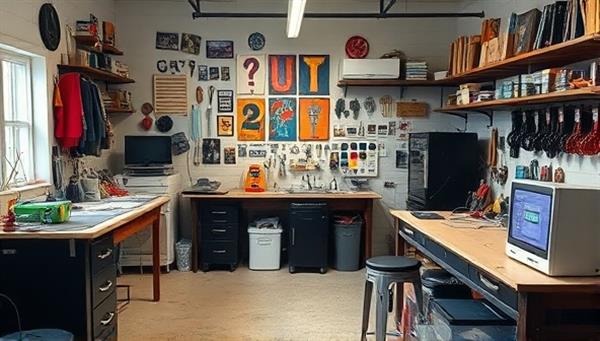 A creative workspace in the upcycling studio, showcasing the process of transforming old gaming merchandise into new, custom creations, with tools, materials, and finished products on display, highlighting the unique and sustainable nature of the business.