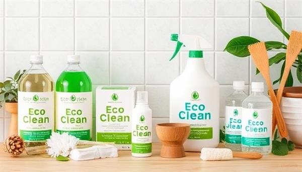 An eco-friendly cleaning scene with natural cleaning products and sustainable cleaning tools from EcoClean Solutions, featuring biodegradable packaging, refillable containers, and plant-based cleaning agents, highlighting the eco-conscious and effective nature of the products.