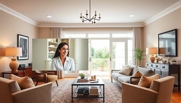 An image of a cozy living room with a split-screen showing a designer on a video call with a client, discussing color palettes and furniture arrangements, illustrating the convenience and personal touch of virtual consultations.
