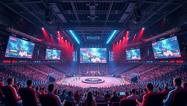 An illustration of a futuristic esports arena with digital screens showing live matches and esports teams competing, surrounded by a virtual betting interface.