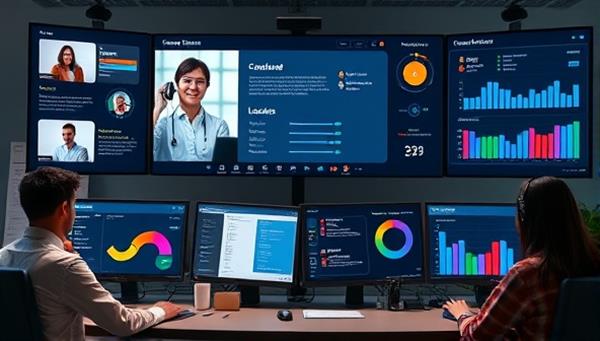 A virtual call center environment with customer experience consultants assisting clients via video conferencing, with digital dashboards displaying real-time customer feedback and satisfaction scores, conveying a modern and efficient approach to customer service.