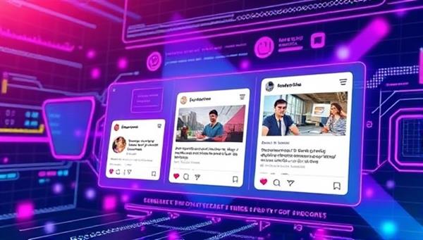 An illustration of a futuristic AI interface with vibrant colors and dynamic content suggestions popping up, showcasing the seamless process of generating engaging social media posts.