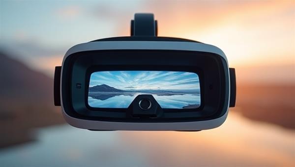 An immersive VR headset displaying a tranquil virtual environment with calming visuals and relaxing sounds, illustrating the therapeutic potential of MindScapeVR in providing mental health support and relief through innovative technology.