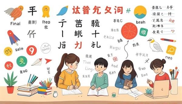 An educational illustration featuring diverse language symbols and writing tools, with multilingual learners engaging in writing exercises and language practice, highlighting the immersive and interactive nature of the language-specific writing courses offered by WriteLingo Courses.