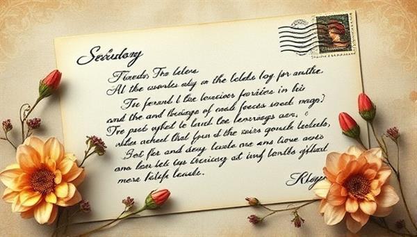 An artistic depiction of a handcrafted letter adorned with elegant calligraphy and poetic verses, surrounded by delicate flowers and vintage stamps, symbolizing the beauty and personal touch of ScribeVerse