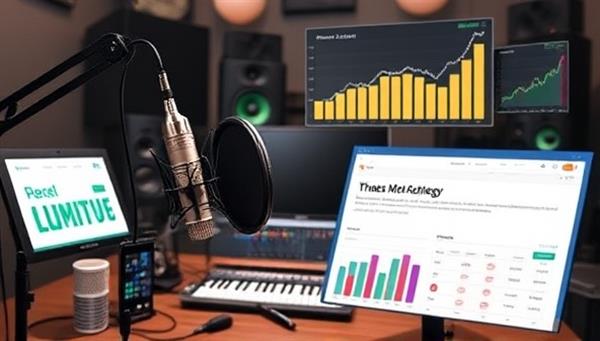 An engaging visual representation of a podcast studio setup with microphones, headphones, and recording equipment, overlaid with digital elements like revenue graphs, audience engagement metrics, and monetization strategies, symbolizing the fusion of creativity and profitability in podcasting with PodProfits