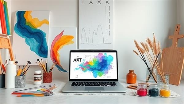 A virtual art studio setup featuring a calming workspace with art materials, colorful paintings, and a laptop displaying an art therapy class in session, creating a visual representation of creativity, healing, and emotional expression through art.