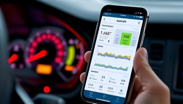 A smartphone displaying the AutoInsight app interface with colorful graphs and data visualizations showing a car