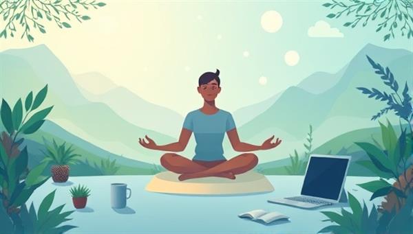 An illustration of a person meditating in a serene digital landscape, surrounded by calming nature elements and digital devices, representing the harmony between technology and mindfulness in digital wellness coaching.
