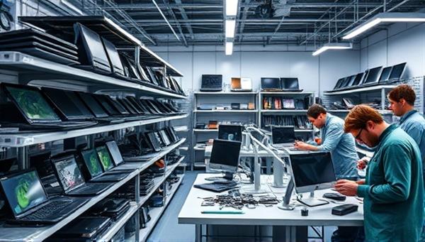 A modern tech recycling center with shelves of refurbished laptops, smartphones, and tablets on display, alongside a team of technicians working on disassembling and repairing electronic devices, reflecting the concept of sustainability and technological innovation.