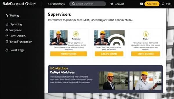An e-learning platform interface for SafeConstruct Online displaying interactive safety training modules, quizzes, and certification options, with construction workers and supervisors engaging in virtual safety training sessions, highlighting a commitment to workplace safety and compliance.