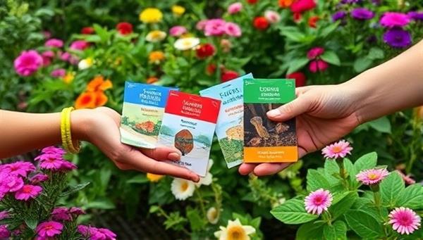A vibrant and diverse garden scene showcasing hands exchanging various organic seed packets against a backdrop of blooming flowers and lush greenery, symbolizing community collaboration and the richness of seed diversity in a sustainable ecosystem.