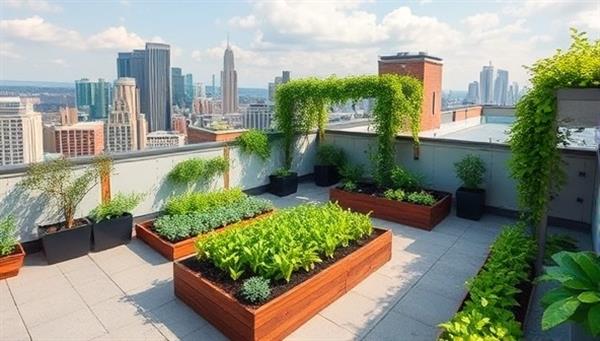 An urban rooftop transformed into a lush garden oasis with raised plant beds, hanging vines, and a seating area, overlooking the city skyline, illustrating the beauty and functionality of rooftop gardens.