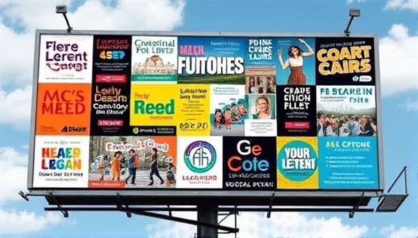 A creative collage of vibrant and diverse billboard ad designs from different local businesses and artists, displayed on a digital mockup of a community billboard, showcasing the collaborative and visually engaging nature of the Neighborhood Spotlight Ads co-op network.