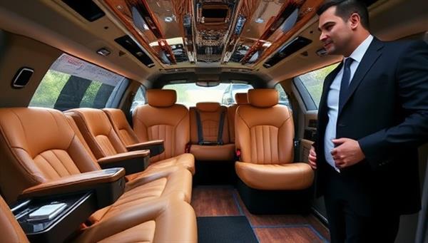 A luxurious limousine interior featuring plush leather seats, elegant decor, and personalized amenities, with a professional chauffeur standing by the open door, welcoming VIP clients to an exquisite and prestigious travel experience with EliteRide Experience.