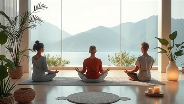 A tranquil and serene visual of a virtual meditation session, with participants practicing mindfulness and relaxation techniques in a peaceful virtual environment surrounded by calming nature elements and soothing ambient sounds, evoking a sense of tranquility and inner peace within the virtual retreat membership.
