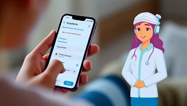 A person using a smartphone to access the SymptoAI Care platform, entering symptoms and receiving instant health recommendations, with a reassuring AI assistant avatar guiding the user through the process, symbolizing quick and reliable health guidance at their fingertips.
