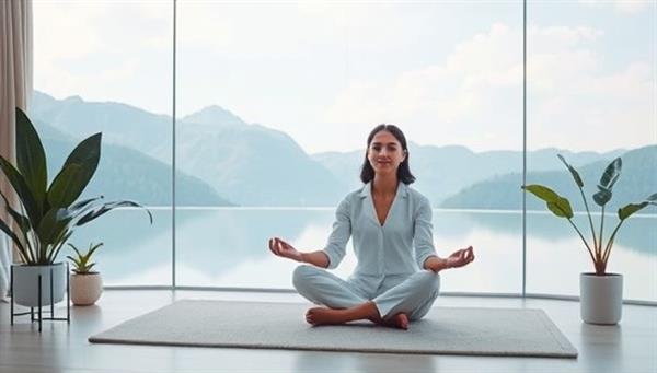 An artistic representation of a virtual wellness session, featuring a coach guiding a professional through meditation on a serene digital platform, embodying relaxation and well-being in a remote setting.