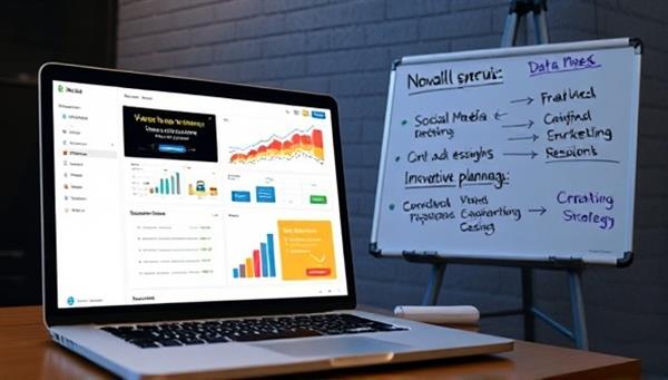 A virtual marketing strategy session setup with a laptop showing social media analytics, marketing reports, creative ad designs, and a whiteboard with strategic planning notes, emphasizing data-driven marketing insights and innovative strategies.