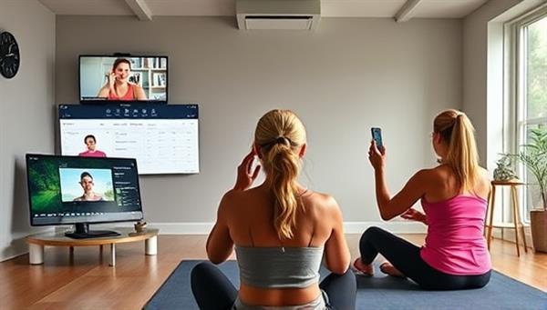 An energetic and dynamic virtual fitness challenge with participants following a workout routine led by a fitness coach, tracking their progress on-screen, and sharing their achievements in a supportive online community that fosters motivation and accountability.