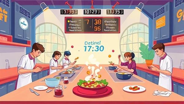 A vibrant digital illustration of a virtual cooking showdown where participants are preparing dishes in their kitchens, with timers ticking, ingredients flying, and judges observing the culinary creations, capturing the excitement and creativity of the cooking competition experience.