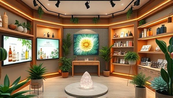 An inviting virtual wellness marketplace scene with a diverse array of products and services displayed on digital screens, surrounded by soothing natural elements like plants, crystals, and essential oils, creating a harmonious and serene atmosphere.