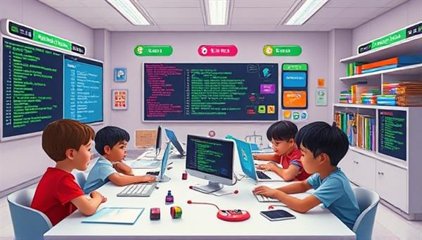 An engaging virtual coding classroom filled with colorful code blocks, animated characters, and coding challenges, where kids are seen collaborating, problem-solving, and exploring the world of programming in a fun and interactive digital space, fostering creativity and computational skills in young learners.